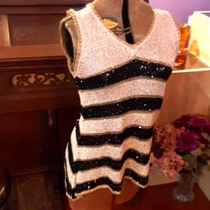 Miss Kelly metallic sequin knit black and tan striped tank top